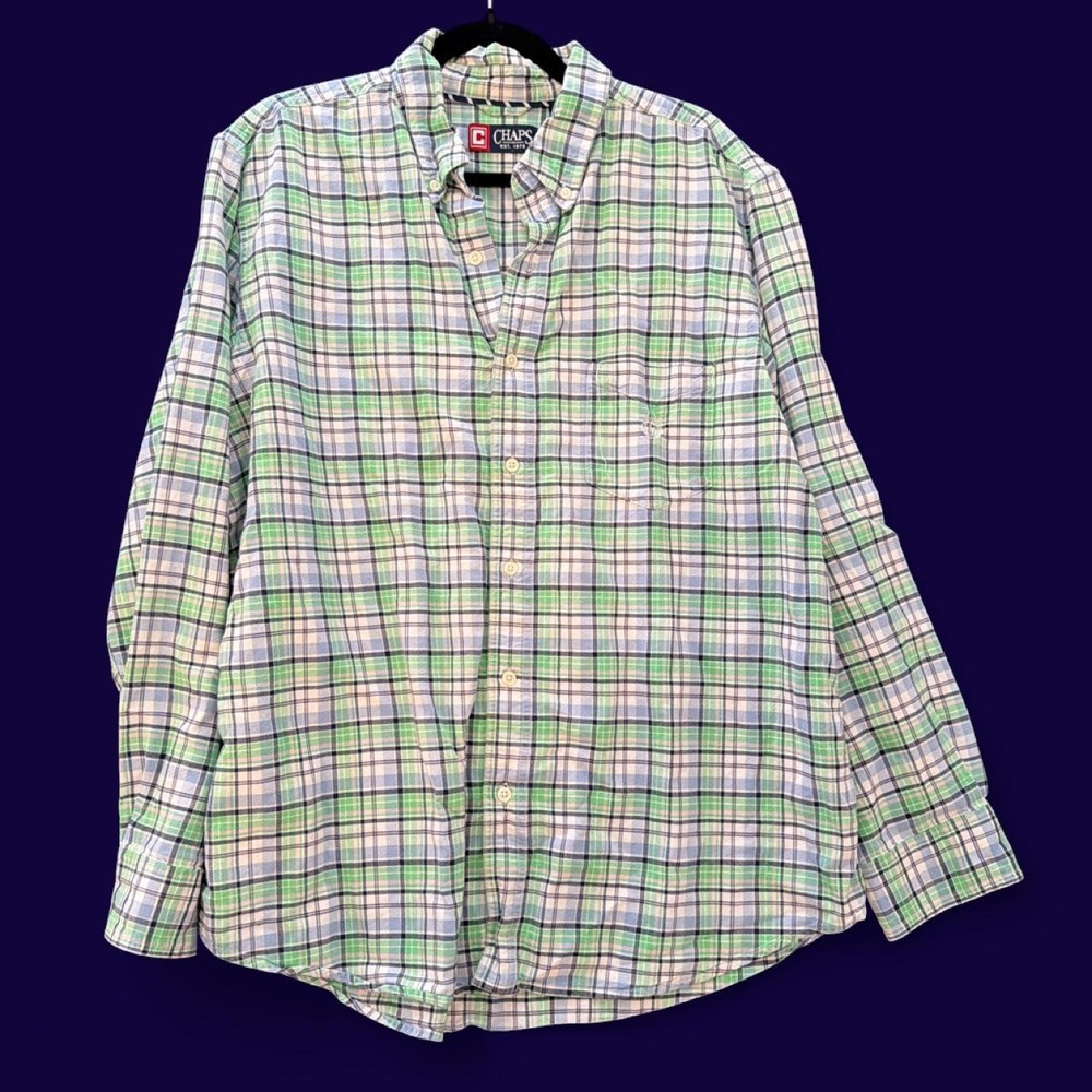 Chaps Men's XL Green Blue Plaid Button Down Shirt 100% Cotton Preppy